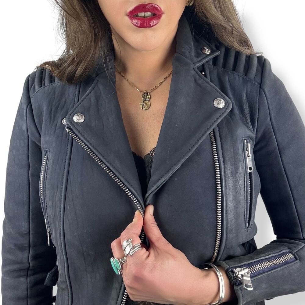 THE KOOPLES blue lamb leather motorcycle biker jacket - Picture 7 of 16